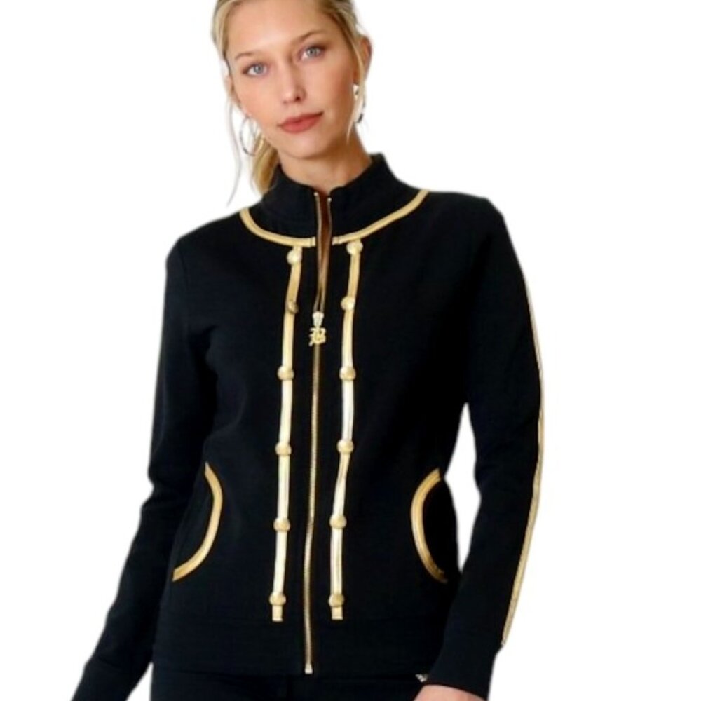 New BCBG Women Black/Gold Cotton Sport Embellished Jacket